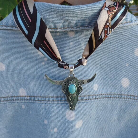 Turquoise Bull Pendant on Silk Scarf Necklace - Picture 2 of 6